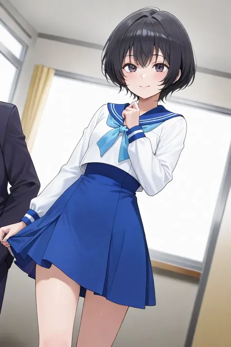  girl 　 sailor suit　 black hair　 short hair while on a business trip　smile