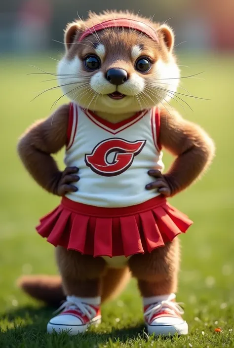 photorealistic portrait of Dressed animals - a ((fat)) cute baby(otter) cheerleader,(art by Carne Griffiths:1.2),(full body image:1.3), (hands on hips:1.5),(furry), (happy smile:1.5),high quality,(lovely) , highly detailed cute  top with team logo ,intrica...