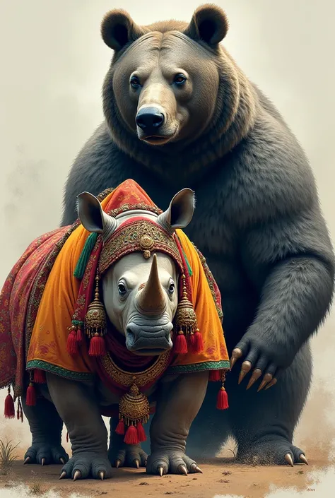 Make an image of a hoodie with a print of a gray bear and a rhinoceros wearing Indian clothes