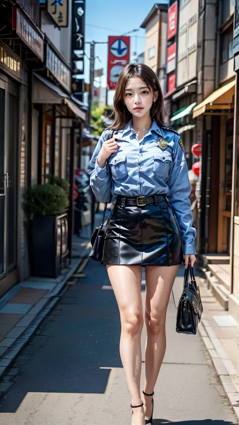 beautiful Japanese woman, 22 years old, perfect anatomy, healthy thighs, beautiful legs, beautiful skin, random hair color, random hairstyle, large breasts, female police officer, (Japanese police uniform:1.3), (miniskirt:1.3), (she is standing:1.2), full ...