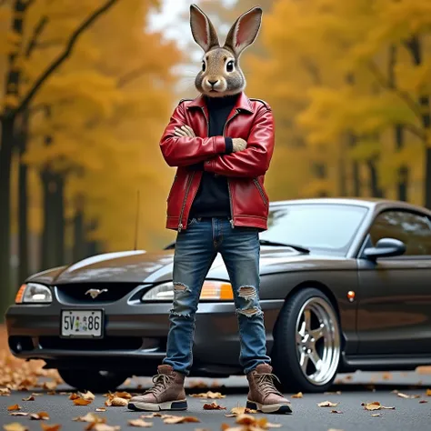 Human rabbit, standing confidently, arms crossed over chest, wearing ripped designer jeans, stylish designer sneakers, red leather jacket, and black turtleneck. Next to him is a Ford Mustang GT V8 SN95 with chrome 5-spoke wheels, matching the rough details...