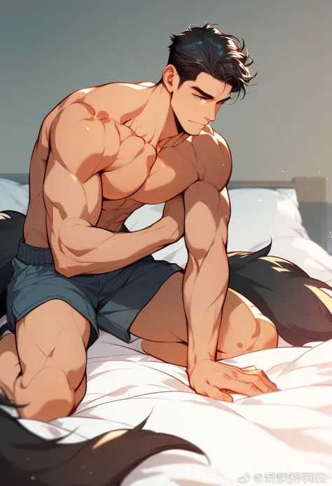 A 24-year-old man, kneeling on the bed, wearing shorts, revealing his fox tail, shirtless, revealing his chest muscles and biceps, with short black hair