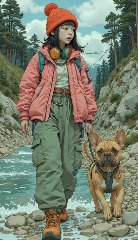  Surrealism  ,  artwork, 8K quality,  girl walking along the riverbed with her dog, Tamagawa bank 、French Bulldog、High school girl wearing loose moss green cargo pants in a pink down jacket,red knitted cap、 headphones、Trekking boots、 Colorful Accessories、 ...