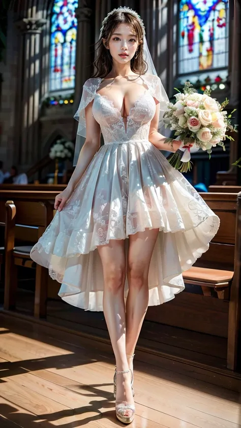 A beautiful young Japanese woman, 26 years old, with healthy thighs, beautiful legs, flawless skin, random hair color and style, large breasts, wearing a (wedding dress:1.3), (she is standing:1.2), full body shot, high heels, holding a bouquet in her hands...