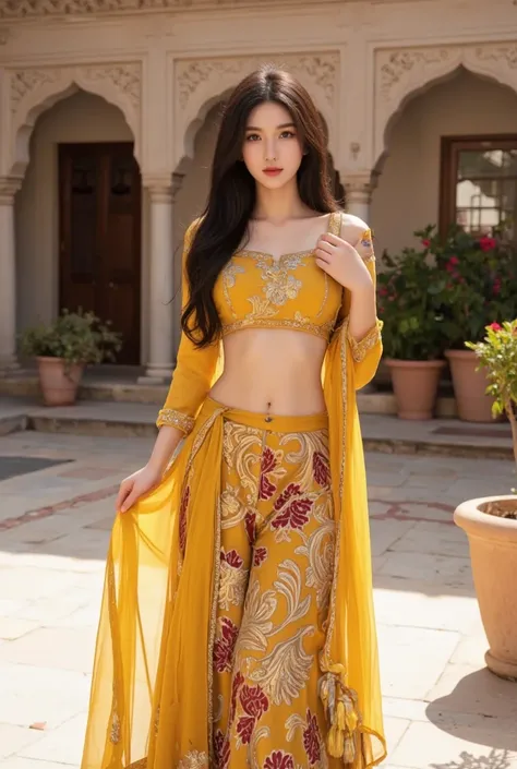 A stunning young Korean woman, aged 20-25, with porcelain skin, delicate almond-shaped eyes, and long, flowing black hair, stands gracefully in a vibrant Indian traditional yellow Punjabi suit. The suit features intricate floral and paisley prints in shade...