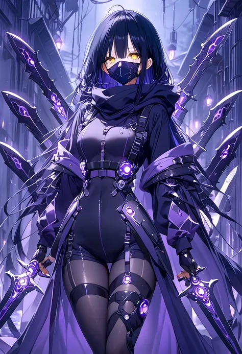  Cyber Assassin。 long black hair。Machine Girl。 Machine Body 。BlackPurple suit 。 mechanization。Purple Luminescence 。Wishlist。アイ mask 。Massive Knives 。assassin。YellowEyes。 mask 。graduate School。Cold。 wearing a black cloak。phantom。Hide your face