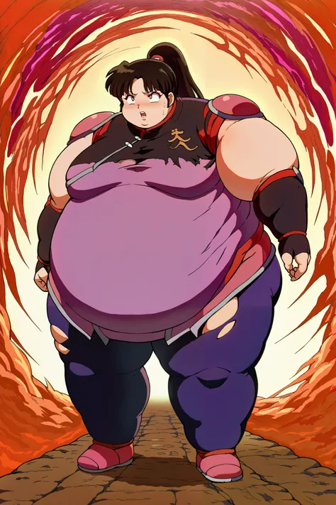 Girl becoming a monster, becoming a troll, fat, chubby, obese, score_9, score_8_up, score_7_up, source_anime,
inuyashasango,
sango, long hair, black hair, brown eyes, retro artstyle,
ponytail, armor, ripping bodysuit, pilot suit, big ears, big nose, big li...