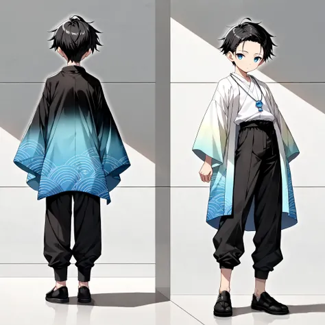 (masterpiece:1.3),(best quality:1.3),(amaging quality:1.3),Shinkai Nagi,1boy ,black short hair,(forehead:0.8),blue eye,slim,(petites:0.8),gradient haori,white shirt,袴pants, (full body shot:1.2), standing pose, facing front, (((Alone)))