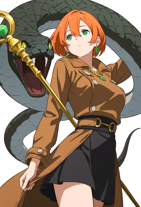 1 Girl,  alone, breast,  watched the audience ,  short hair,  bangs,  long sleeve,  white background, skirt, Hold,  hair between eyes, Jewelry, Shut up,  green eyes ,  Ahog,  open source, earrings,  orange hair, black skirt, coat, Staff, snake