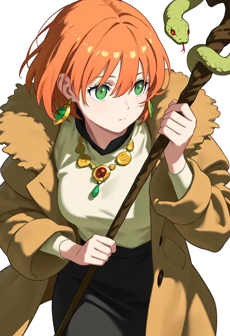 1 Girl,  alone, breast,  watched the audience ,  short hair,  bangs,  long sleeve,  white background, skirt, Hold,  hair between eyes, Jewelry, Shut up,  green eyes ,  Ahog,  open source, earrings,  orange hair, black skirt, coat, Staff, snake