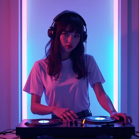 A centered render of a female DJ with a turntable and headphones, wearing a plain t-shirt with neon background in purple and blue colors, reggaeton theme, vibrant lighting, cinematic, beautifully lit, by Greg Rutkowski and Alphonse Mucha, 3D, trending on A...