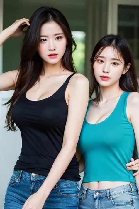 （ realistic，   high resolution ：1.3），  One Girl with a Perfect Body ，   Ultra Fine Faces and 2 People Behind Their Eyes ，，  Randomly Colored Tank Tops：1.2，  SHORT JEANS ，  big breasts， reveal cleavage