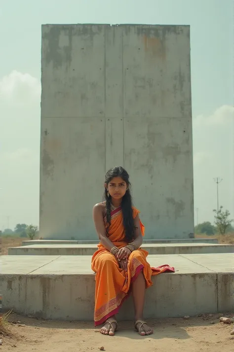 Create a realistic image of a girl (indian girld ), sitting on concrete made big H.