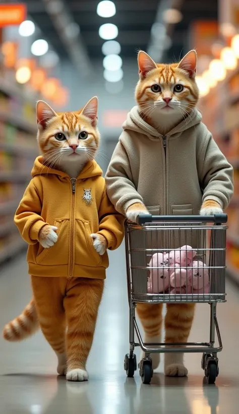 Pregnant cat mom wearing maternity clothes and walking on hind legs like a human is shopping for baby clothes alongside cat dad who walks using hind legs and dresses like a human looks realistic while pushing a grocery trolley. Pick up some baby gear