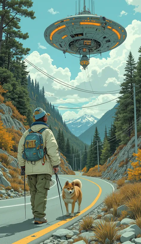  Surrealism  ,  artwork, 8K quality, A cute high school girl discovers a UFO that crash-landed while walking with her pet dog on a mountain road , Shiba Inu、 A high school girl wearing an off-white down jacket and loose moss green cargo pants, blue knit ca...