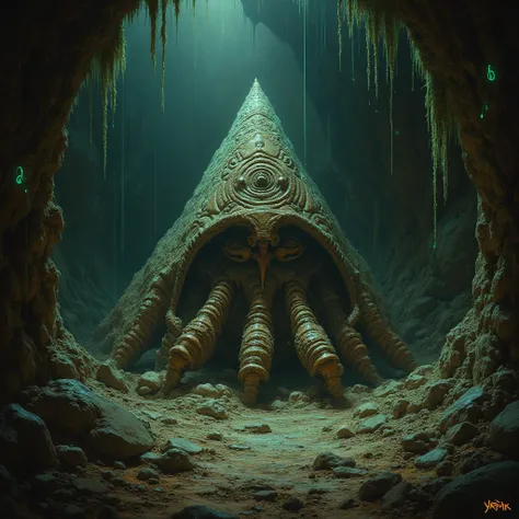 A haunting depiction of a deceased member of the Great Race of Yith (Yithian) lying in a shadowy, ancient cave corner. The alien creature stands out with its massive, triangular conical body, tapering upward to a blunt tip and measuring approximately 3 met...