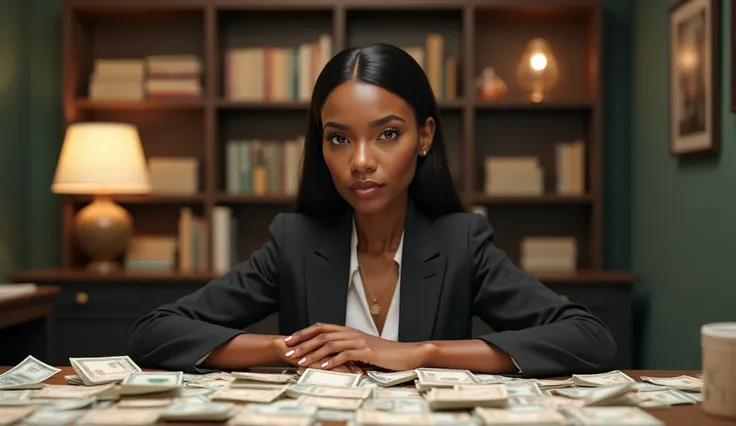 une très belle femme africaine de 35 ans. dans une banque. assise derrière un bureau, beaucoup d'argent sur la table. cheveux lisses. image ultra réaliste.