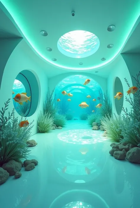 a retro futuristic room, web 2.0/ frutiger aero style, white, with green and blue colors and fish, like an aquarium