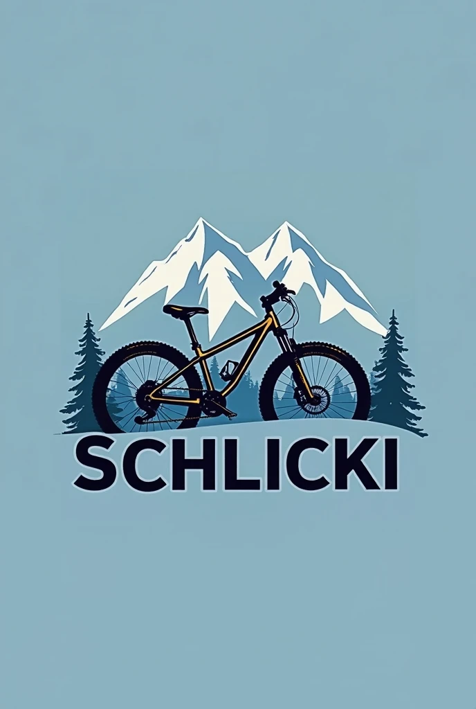 A logo. Initials Schlicki.  In the background a mountain bike and skis 