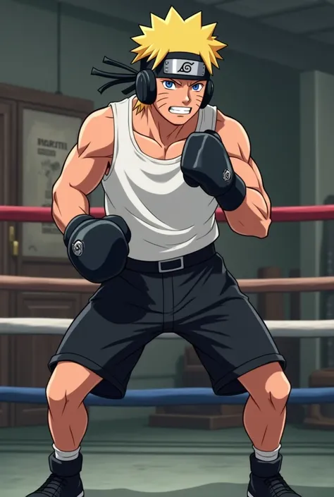 naruto (s) wearing white sleeveless shirt(slender arms and body ) black shorts ,  black boxing gloves , black boxing shoes , black boxing helmet,  in boxing position , about a boxing ring in a boxing gym,  with an arrogant smile on his face , mismo estilo ...