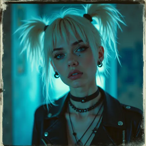 gorgeous youthful punkrock woman with two pigtails WHITE dyed hair EUROPEAN grunge closeup in dark blue room emo polaroid