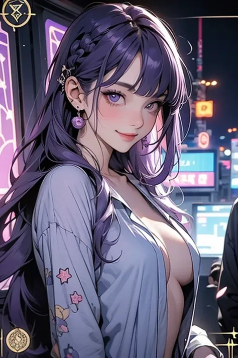     1 girl, blunt bangs,     braiding    ,    width ,     hair accessories  ,Obi says, ( purple hair:1.2),     long hair ,     straight hair ,    High school girl getting her ass touched by an audience on a train  ,      is a very detailed background   , (...