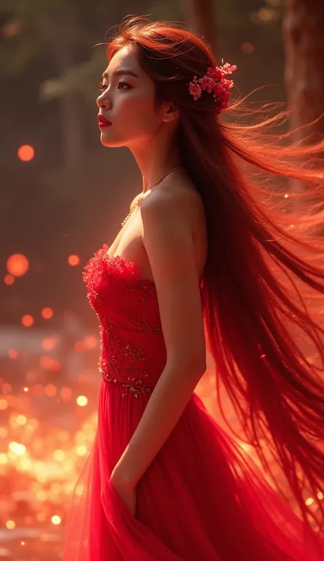      美しい若い     long hairの女性1人,    赤いドレス  high quality high resolution        , Fire picture  , Shine,           colorful,  Nice red dress　 light magic         , Abstract, Fantasy          , 32K,          Highly Detailed CG Unity 8K Wallpaper ,         high...