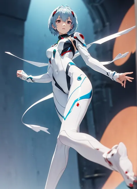 (masterpiece,  best quality,  very detailed, 8k,  wallpaper,  is present), (( perfect hand)), (( perfect anatomy)),  moderate chest opening , length, Round legs, round ass, (( charming anime girl)), ((Rei Ayanami)), ((Mysterious beauty with her white skin ...