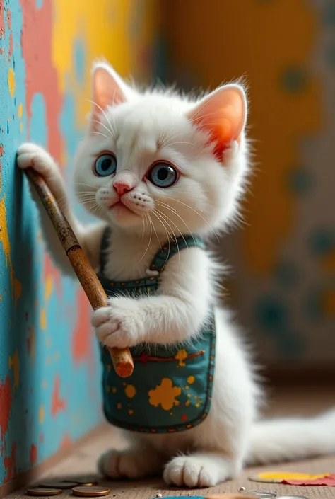 A young, poor white kitten is painting the walls of a house, working hard to earn some money. The kitten, with soft snowy fur and bright eyes, holds a tiny paintbrush in its paws, carefully applying colorful paint to the walls. It wears a little, patched-u...