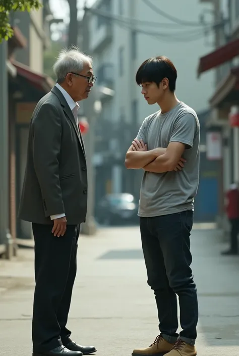 Side angle view of a Korean man in his 30s passing between the crotches of a male college student in his 20s standing with his arms crossed