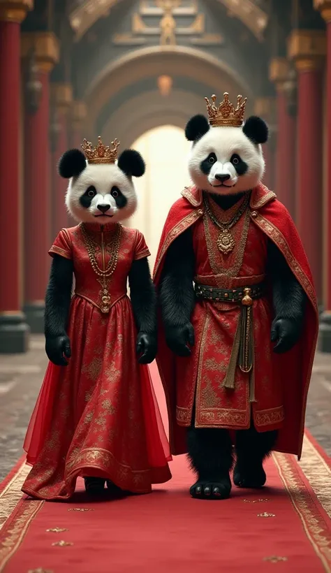 Two Humanoid Panda King And Queen Walking Straight In A Big Castle, Female Black Panda Head Queen Wearing Beautiful Chinese Red Queen Dress With A Crown, Male Panda Head King Wearing China King Outfit With A Giant Crown, Walking Straight To The Camera, Exp...