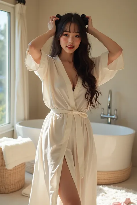 casual photography,  1 Female young Korean beauty , 18 years old, , relaxed,  she moves with her hands on her head,  Beautiful body,  white skin ,  fair skin ,  pale skin,  big boobs, big thigh, delicate hand 、super pretty、Facial beauty、dark eyes、 standing...