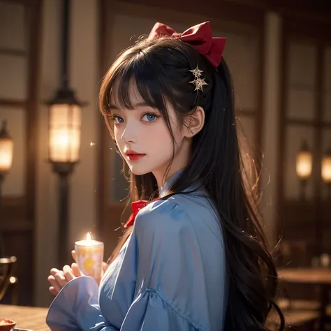 (  extremely elaborate and beautiful  : 1.2),  1 girl,  bangs,  blue eyes, vague, vague background, bow,    tea hair  , residence, Side View,    focus on {x} hair , hair bow,  lantern,  Light Particles ,  Long Sleeve,   staring at the audience ,  Medium to...