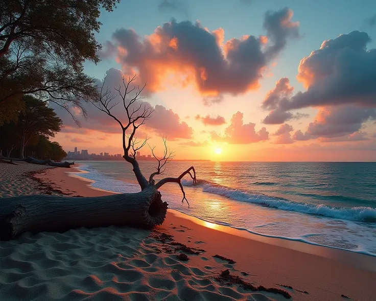 The image is a photo of a beautiful beach landscape at sunset. The sky is filled with bright colors of orange, pink, and blue, with the sun setting in the background. The skyline line is visible in the distance, and the water is dark blue-green. In the for...