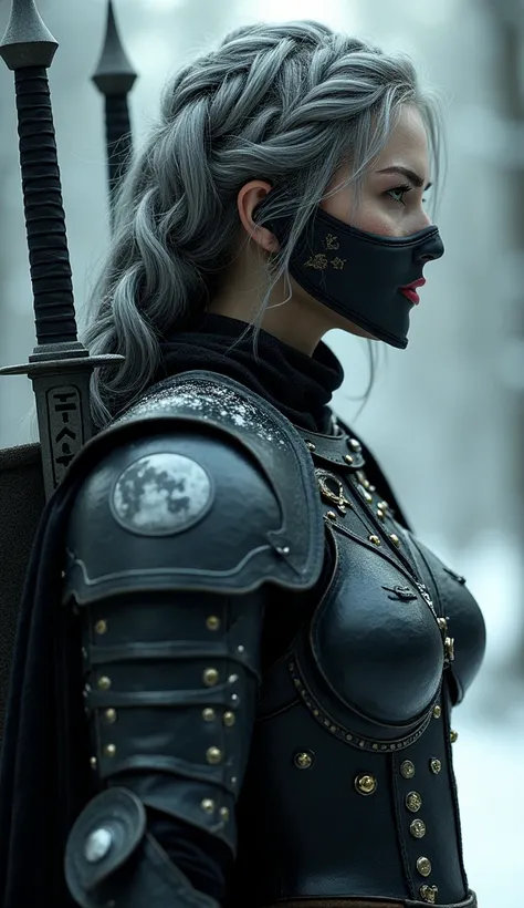 profile, looking to the left ,  Russian young girl ,  The image shows a mysterious and elegant woman,  With long gray hair, braids,  combat mask covering half of the face resembling a full moon, bright lipstick with subtle and elegant details , dressed in ...