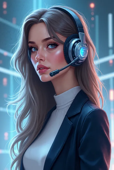 
"Create an illustration of a woman with long, flowing hair wearing a modern communication headset. The headset should have a sleek, futuristic design with a microphone extending towards her mouth. She is dressed in a professional outfit, possibly a stylis...