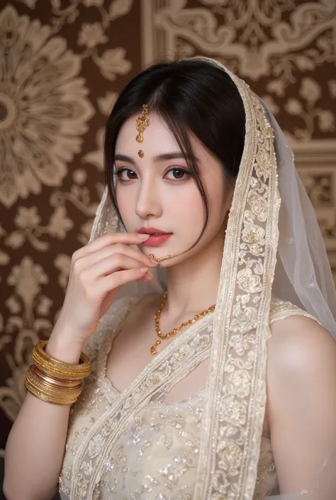 Image is a portrait-style photograph featuring a woman with fair skin and delicate facial features. She is adorned in traditional attire, wearing a sheer, embroidered white veil over her head. Her jewelry includes a prominent gold maang tikka on her forehe...