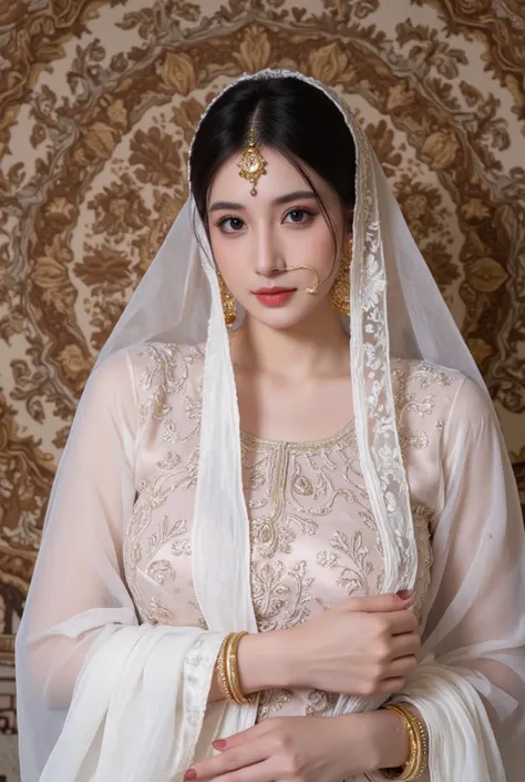 Image is a portrait-style photograph featuring a woman with fair skin and delicate facial features. She is adorned in traditional attire, wearing a sheer, embroidered white veil over her head. Her jewelry includes a prominent gold maang tikka on her forehe...