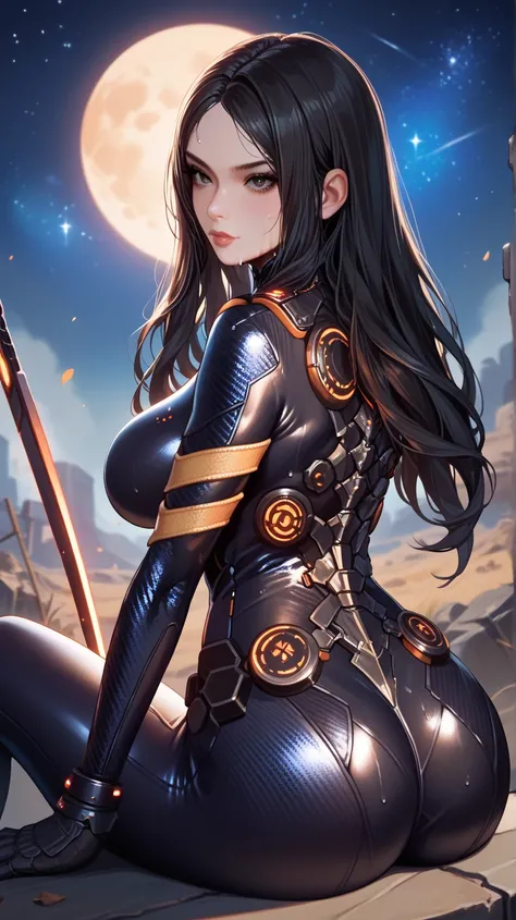 Sexy Tachy de Stella Blade, UHD,   big breasted,  long hair,  very black hair ,  black eyes ,  Moon under the left eye, very tight black suit, in a wasteland, sitting, sweating, In the background a very starry night sky, With a great sword of light, pose s...