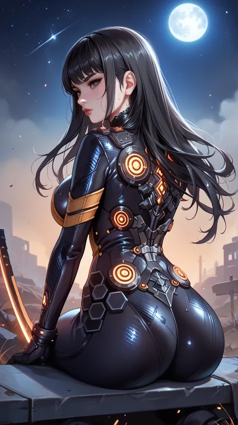 Sexy Tachy de Stella Blade, UHD,   big breasted,  long hair,  very black hair ,  black eyes ,  Moon under the left eye, very tight black suit, in a wasteland, sitting, sweating, In the background a very starry night sky, With a great sword of light, pose s...