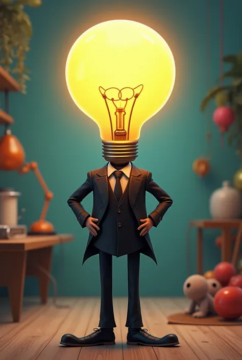 light bulb man in black suit, cartoon style