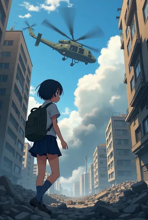 Scenes of conflict、rubble、 smoke rises from the building、military helicopter in the sky 、Survive by evacuating、Japanese Girl、 black hair、There are soot marks on the face、 look up at the sky full body 、煙が立ち昇る、war