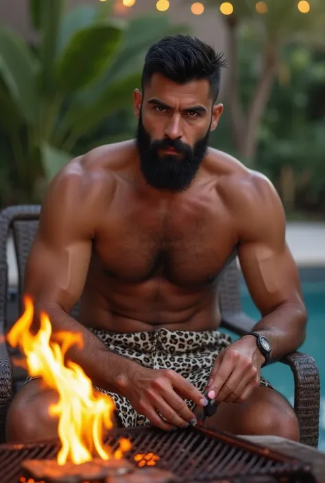 Raúl 36 años  black hair corto, beard,  brown eyes,  athletic and muscular and hairy body . 
 he wears leopard print shorts ,  sitting almost naked in a chair next to the pool,  near the grill where steaks are being grilled .
Esteban, Raul's partner , 35 y...