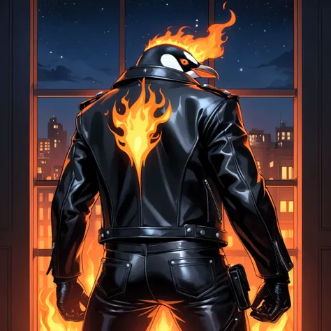 Closeup, digital illustration style manga :1.5, An extremely badass anthropomorphic penguin completely possessed by Ghost Rider wearing an insanely cool black leather biker jacket open, black shirt, black leather biker gloves, black leather biker pants, fi...