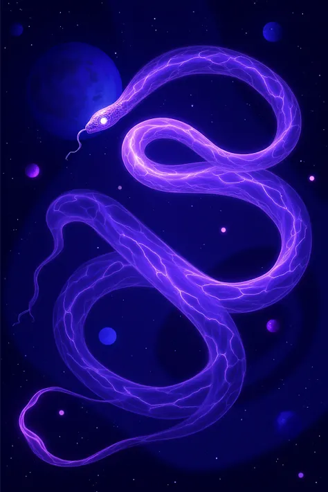 A gigantic energy snake crooked with its tongue out, les yeux violets luminescents, ondulant entre des planètes et des galaxies 