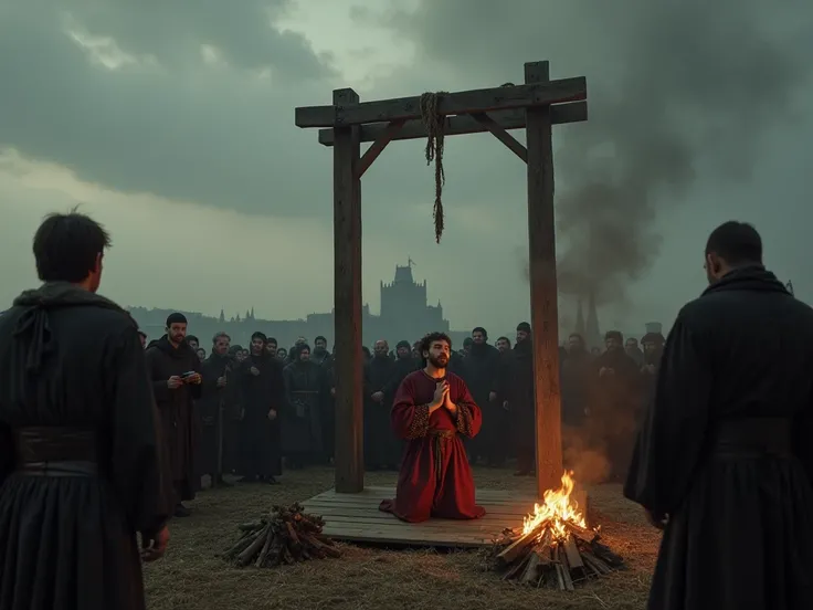  An image set in the late Middle Ages ,  that captures the final moment of Gilles de Rais on October 26, 1440 ,  near Nantes ,  in the Duchy of Brittany .  The scene is centered on a simple but solemn wooden platform ,  surrounded by a silent and dark crow...