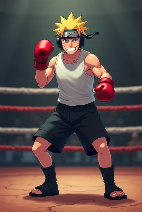 naruto(s) wearing black shorts ,  sleeveless white shirt ,  red boxing gloves , black boxing shoes , black boxing training helmet, in a boxing ring at a boxing gym,  with an arrogant smile on his face ,  In a fighting position , mismo estilo de animación d...