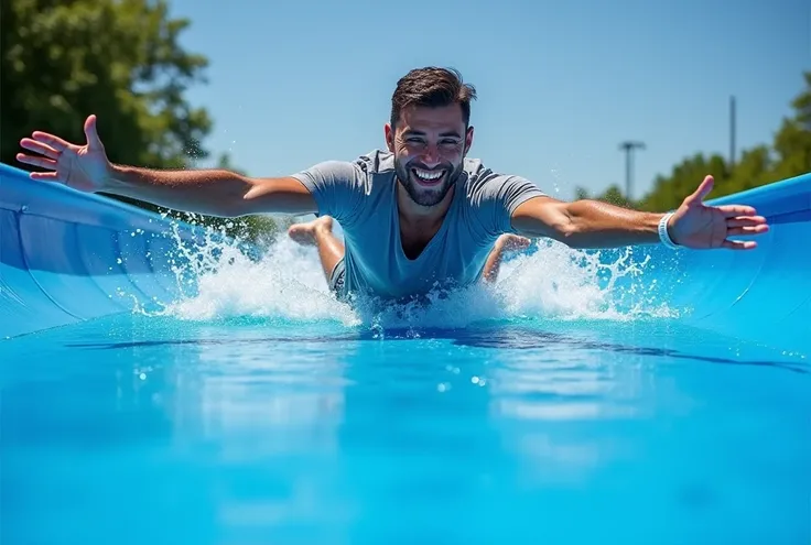 A realistic photo of an adult person sliding on their stomach on a wet, slippery blue tarp. The person is lying flat, arms outstretched in front of them, with a joyful smile, clearly enjoying the moment. The blue tarp is shiny with water, reflecting the su...