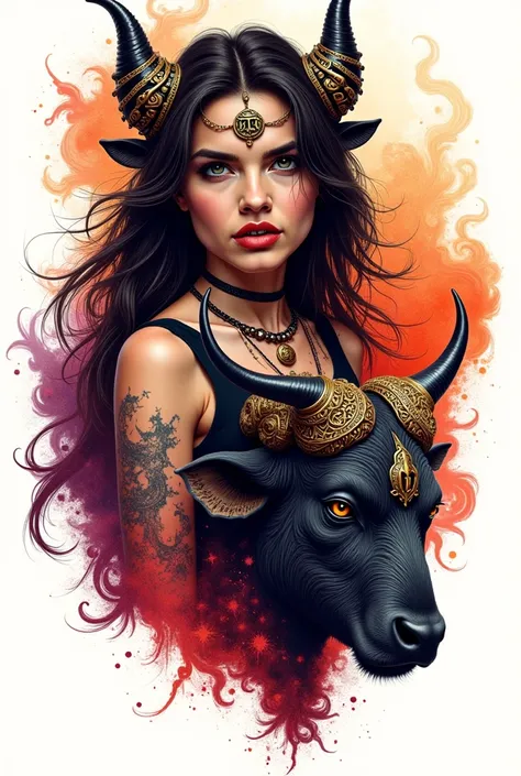 A highly detailed and vibrant illustration of a young woman embodying the zodiac sign Taurus, captured in a dynamic half-turn pose. The woman has long dark hair, majestic buffalo-like horns with black tips, heavily adorned with intricate gold inlays and sw...