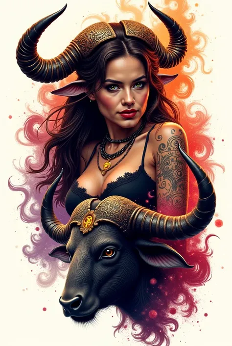 A highly detailed and vibrant illustration of a young woman embodying the zodiac sign Taurus, captured in a dynamic half-turn pose. The woman has long dark hair, majestic buffalo-like horns with black tips, heavily adorned with intricate gold inlays and sw...